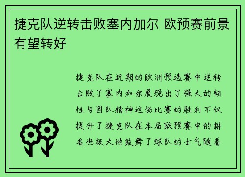 捷克队逆转击败塞内加尔 欧预赛前景有望转好