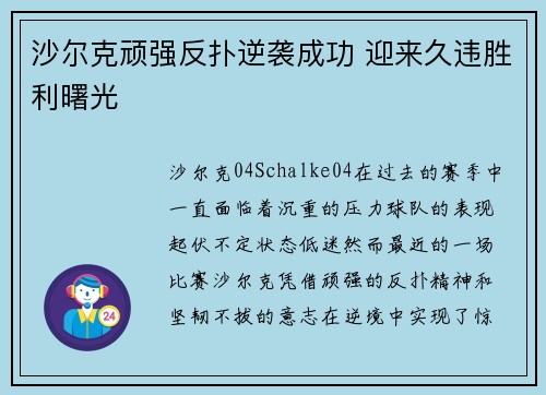 沙尔克顽强反扑逆袭成功 迎来久违胜利曙光