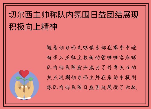 切尔西主帅称队内氛围日益团结展现积极向上精神